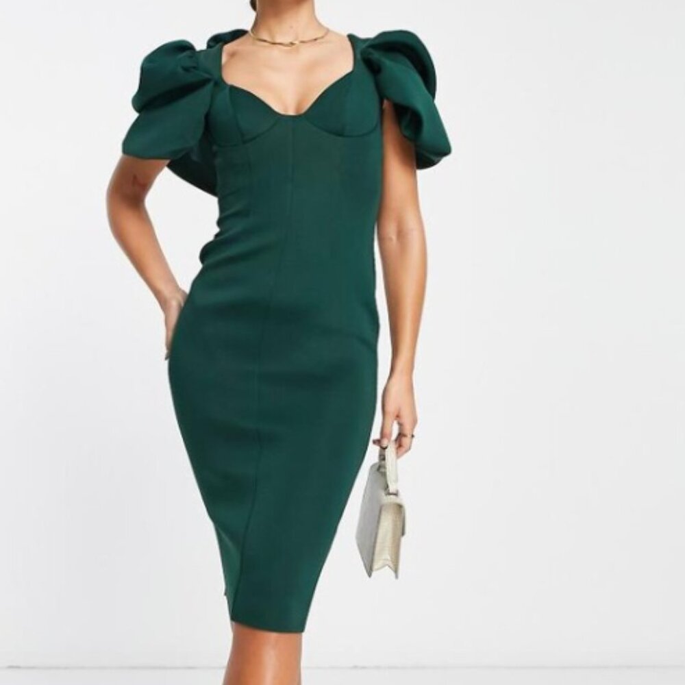 BNWT ASOS DESIGN bubble sleeve seamed midi pencil dress in forest green